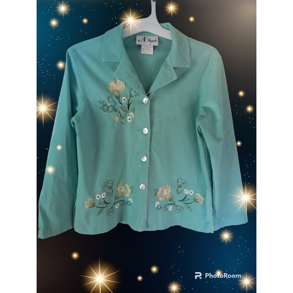 N Touch Jacket Size S AQUA BLUE EMBROIDERED  BEADED FLORAL BUTTON LINEN BLEND - Picture 1 of 9